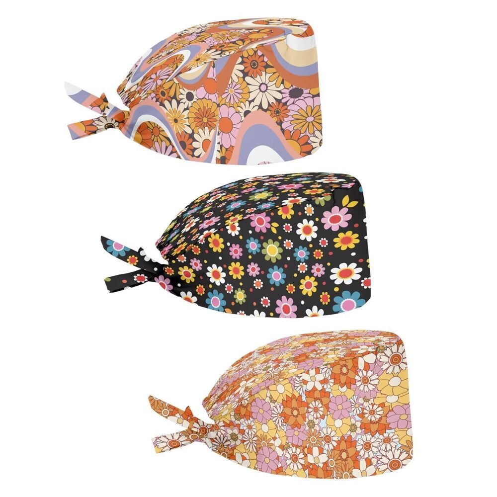 8737 3 Pack Set Hat Cap Colorful Hibiscus Flower Printed Adjustable Hats